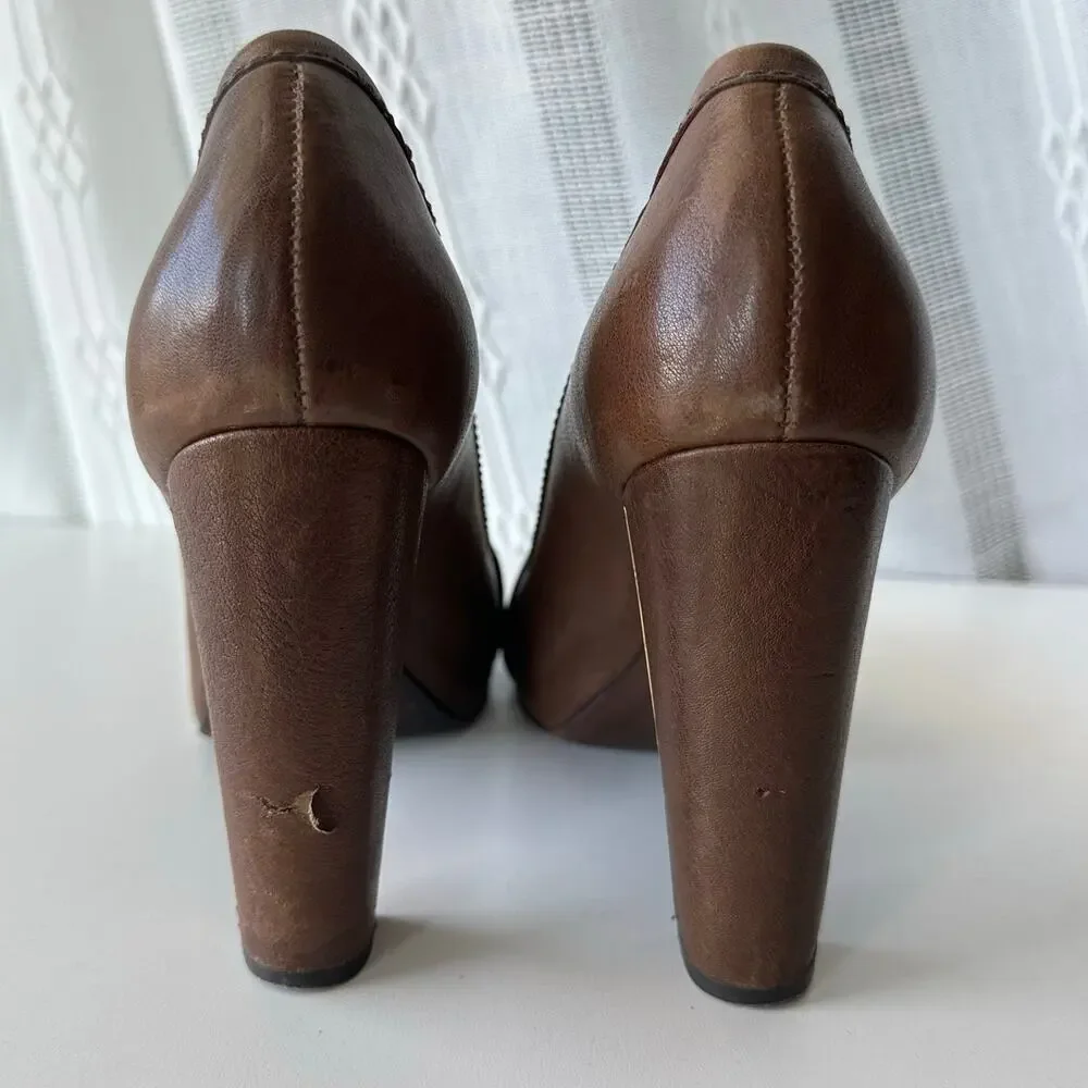 Tory Burch (7.5) Brown Leather Platform Heels- Art Deco, Buckle, Open Toe, Block